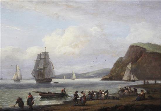 Thomas Luny (1759-1837) Shipping in harbour at sunset and Along the coast with fisherfolk hauling nets 11.5 x 15.75in.